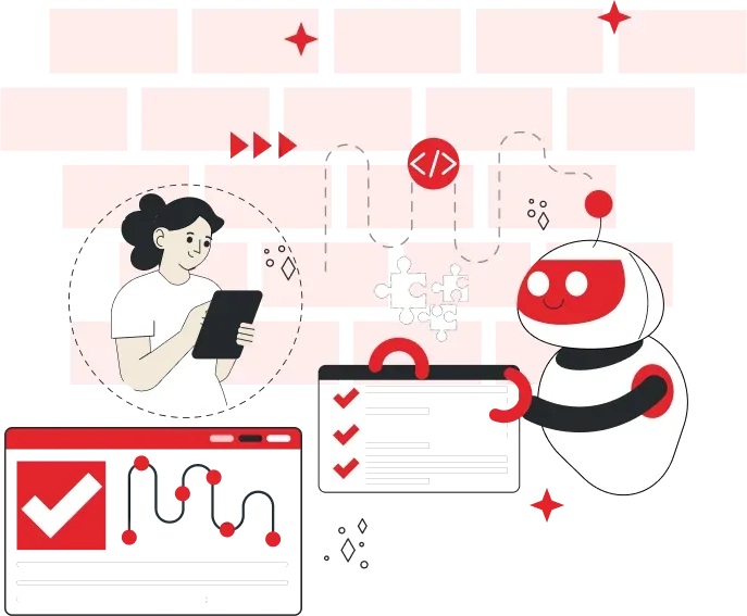 Illustration of an AI robot and a person working together with checklists and code symbols