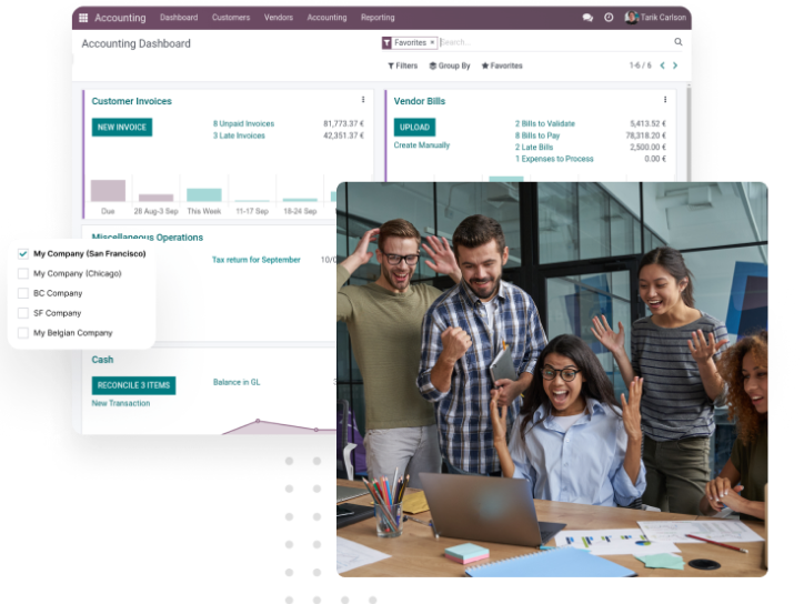 Odoo interface and a team collaborating happily