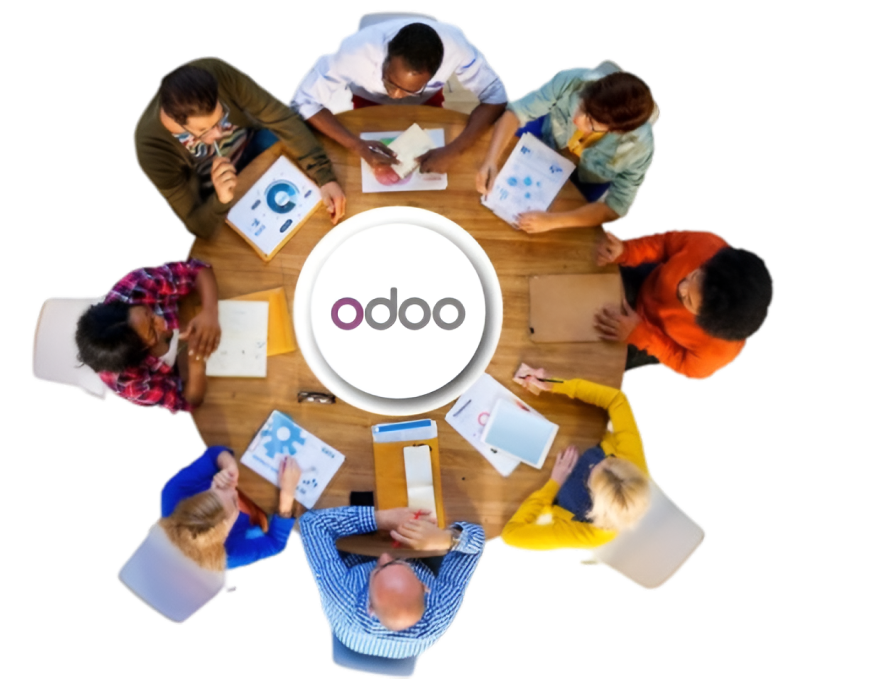 A team collaborating around a table with the Odoo logo